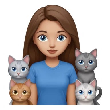 a pretty bratz dusky light skin girl with long brown hair, blue eyes with six cats nd wearing a grey tshirt sticker