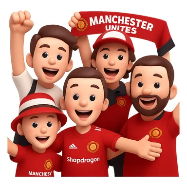 Create a group of Manchester United fans cheering, wearing red shirts and in celebratory poses, in a 3D emoji style. The background should be transparent. Focus on capturing the 3D emoji look with vibrant expressions and poses. sticker