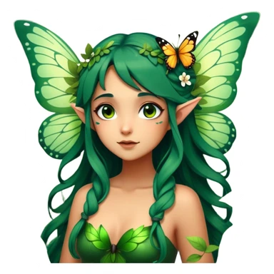 Cinematic Realistic Forest Fairy Portrait, head tilted playfully and inquisitively, showcasing a nature-inspired form with intricately detailed, sunlit tanned skin and cascading dark green hair interlaced with leaves and blossoms showing her large butterfly wings from her back. Her bright, curious eyes sparkle with forest mischief, rendered with lifelike clarity and warm, dappled lighting that captures the spirit of an enchanting woodland fairy ready to dance among the trees. sticker