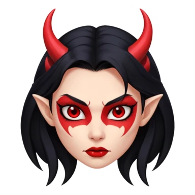 Head demon girl, strong pronounced cheekbones, sharp angular jawline, skin red everywhere, long straight sleek black hair, small horns sticker