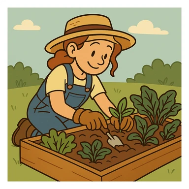 Change the woman's outfit to overalls and a straw hat in a flat toon style. sticker