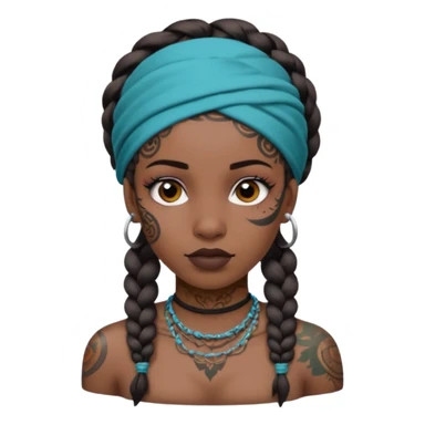 big lose braids starting from the top of the head woman face wiith big visible braids and mono color headband on head  face and braids as big as headband and lots and lots of face tattoos colored tattoos like a tattoo artist sticker
