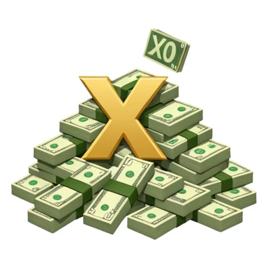 cash pile, make bills rectangular, next to a "10x" factor, looking like 10x CASH PILE, the number 10 and letter x, precede the cash pile sticker