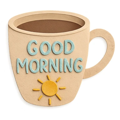 coffee cup with 'Good Morning' pastel handwritten text and sun doodle, transparent background sticker
