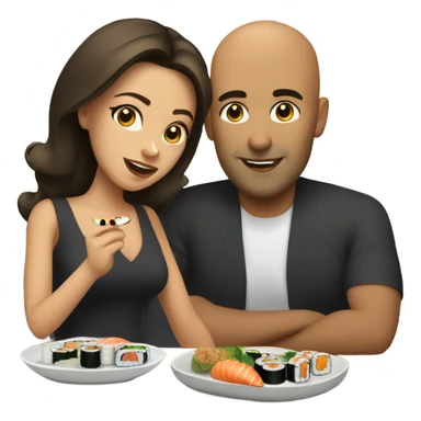 Bald Hispanic man and brunette woman eating sushi sticker