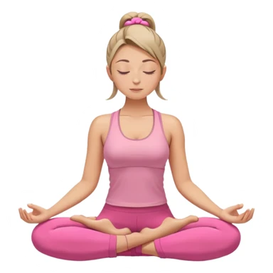 white woman with neat ponytail hairstyle, sitting in lotus position, meditating with closed eyes and serene expression, wearing pink yoga outfit sticker