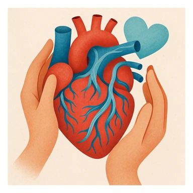 a stylized heart with blue water streams running through its vessels, illustrating a medication that controls blood pressure by regulating fluids, with a sense of care and protection sticker
