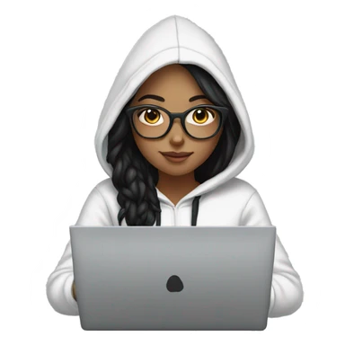 a white tenage girl with black hair and glasses wearing a hoodie working on a laptop sticker
