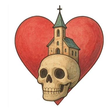 ghibli style heart, skull, and church combined as one symbol sticker