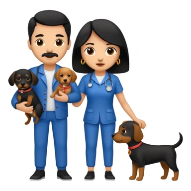 Pareja hombre y mujer, pelo negro ambos, y con dos perritos pincher en sus brazos sticker