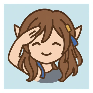 Create an emoji of a character saluting with right hand raised in military salute. Keep long brown hair, golden clips, blue ribbons, and pointy ears. Use a gentle pastel look. Remove the orange hand from the original image. Use a simple light blue background. Style should be emoji-like and simple. sticker