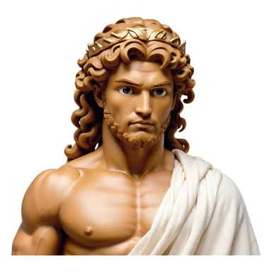 Cinematic Realistic Hercules Portrait, depicted as a classical Greek hero merging the fierce masculinity of Hercules with the refined face of Michelangelo's David. His light tan, chiseled skin glows with timeless strength, and his thick, curly, golden brown hair cascades in natural, sculpted curls reminiscent of a warrior’s mane. Draped in a flowing white robe with delicate golden accents and crowned with a traditional Greek laurel wreath, his intense, determined eyes exude noble might, all rendered under dynamic natural lighting with a mythic, radiant glow. sticker