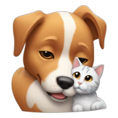 A dog in an embrace with a cat sticker