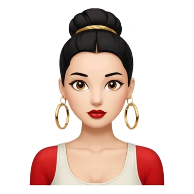 정면 얼굴위주 여성 이모지 생성 : 얼굴이 조금 검고, 검정 헤어를 가진, 올빽머리 스타일링으로 묶고, 볼드한 골드 링귀걸이, 짙은 눈썹과 블러시 위주의 내추럴메이크업, 립은 웜톤레드, 흰색 나시 탑을 입음 sticker