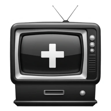 Minimalist emoji-style sticker of a CRT TV in the shape of a coffin, with a cross or static noise on the screen. Desaturated design.  sticker