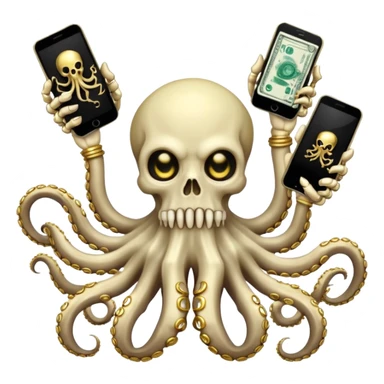 satanic octopus skeleton. Evil looking eyes, wearing a gold necklace. 2 tentacles are holding their own cellphones, 2 other tentacles are holding stacks of money sticker