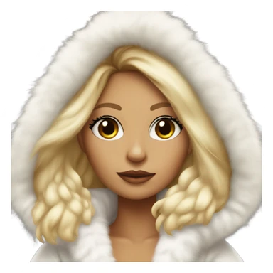 Tanned Girl with lashes , blonde hair, in an extremely big fluffy oversized white fur coat with hood on. The fur is real and it’s very obvious big and fluffy, aestheticism sticker