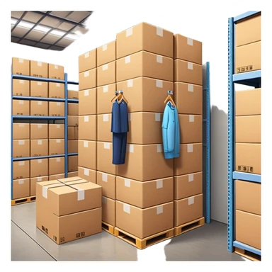warehouse with stacked clothing boxes, fashion supply chain theme sticker