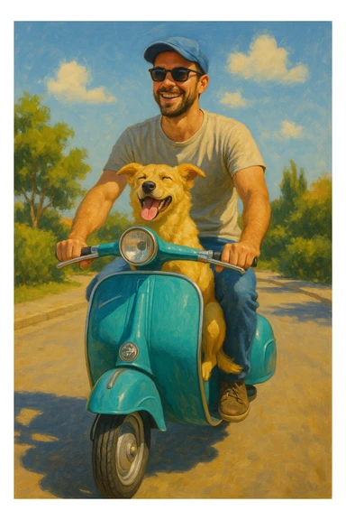 man and his pet dog riding a vespa sticker