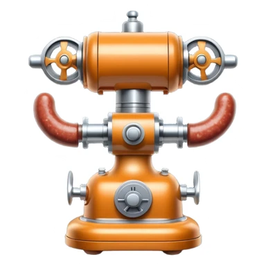 sausage-processing droid. retro-futuristic style. top is a circular industrial meat grinder with rotating gears and blades. Two robotic arms feed material into grinder. Sausage links extrude from the rear like  factory. The body is metallic, compact, and floats above the ground.no legs. Dark humor sticker