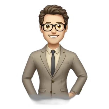 Joyful Pale skinned Fit Man With dark brown hair in gray jacket, beige office shirt, Brown pants and vintage glasses. His thrumbs up sticker