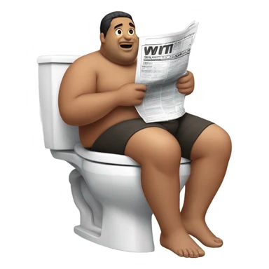 fat guy sitting on toilet reading newspaper no shirt front view sticker