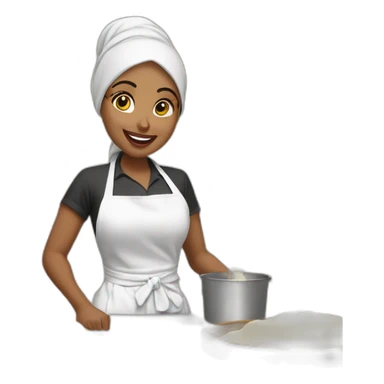 A fair skinned Hijabi Muslim woman wearing a white apron, mixing cake batter, standing behind a messy, kitchen, counter top with the ingredients on the table sticker