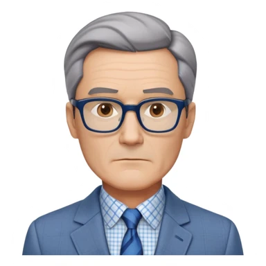 Middle-aged man around 50 with oversized square jawline that's broader than his forehead. Large dark square-framed glasses, short straight hair with subtle graying and side part. Serious expression. Light gray blazer, white button-up shirt with blue checkered pattern. sticker