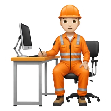 full body of a man in orange reflective safety overalls sitting at a desk, emoji style sticker
