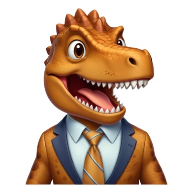laughing face of a dinosaur with a tie sticker