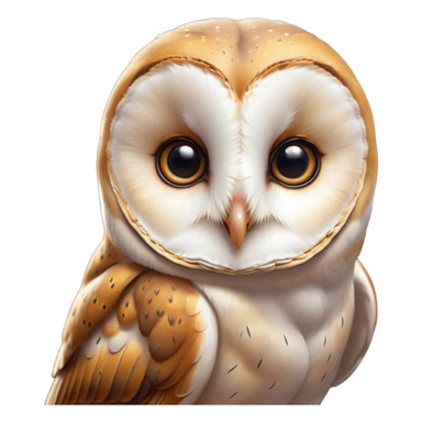 Cinematic Cute Barn Owl Portrait Emoji, Head tilted playfully and inquisitively, featuring a softly mottled Fur of white and brown with delicate feather patterns, round, sparkling amber eyes filled with curious wonder, Simplified yet irresistibly adorable features, highly detailed, glowing with a warm, friendly glow, high shine, affectionate and gentle, stylized with a touch of barnyard whimsy, bright and endearing, soft glowing outline, capturing the essence of a mischievous yet loving owl, so playful it feels like it could swoop out of the screen and into your arms! sticker