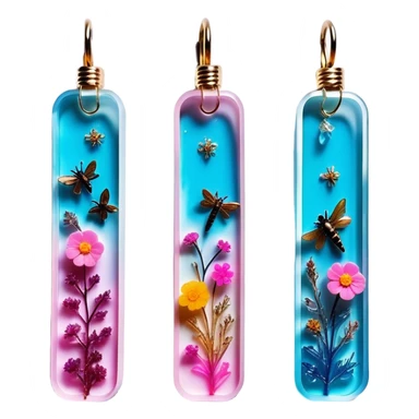 Epoxy resin art icon, jewelry and decorative items made with fluorescent epoxy resin, visible tubes of resin with bright colors, mixing tools, and molds, glowing effect on the resin, finished resin jewelry with dried flowers and insects embedded inside, minimalistic style, clean lines, transparent background. sticker