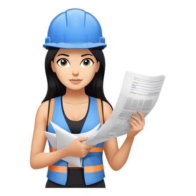 construction hat, blue print plan paper in hand, long black hair tanned woman, black sports bra, vest, sexy sticker