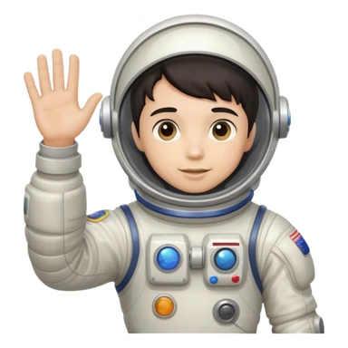 boy with dark hair waving wearing spacesuit sticker