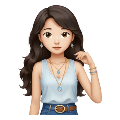 Stylish South Korean girl with long wavy dark hair, wearing a white textured sleeveless top, blue jeans, and a brown belt — soft lighting, cozy indoor vibe, a small, moonstone pendant necklace with a dainty gold chain adds a delicate touch sticker