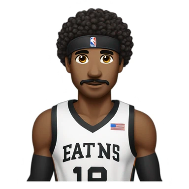 black basketball player with moustache holding the notebook wearing black and white jersey curly hair and black headband sticker