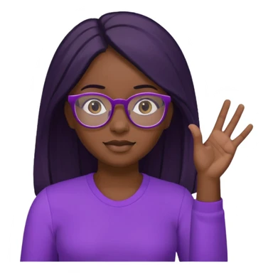 black girl raising her hand, wearing glasses and a purple shirt with long black hair sticker