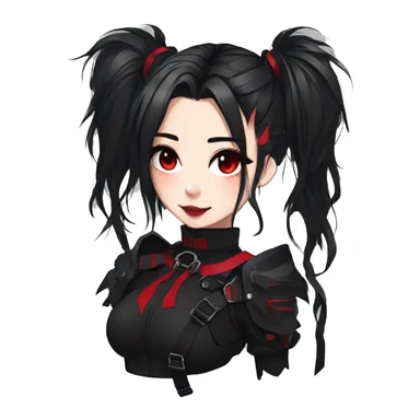 Gorgeous gothic dark techwear anime style lady with blushing face aesthetic and pretty edgy black red punk messy ponytail hair with collar and harness trending style sticker
