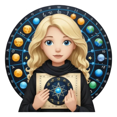 A long wavy haired blonde girl with blue eyes, wearing black, with a scarf on, holding astrology natal chart paper   sticker