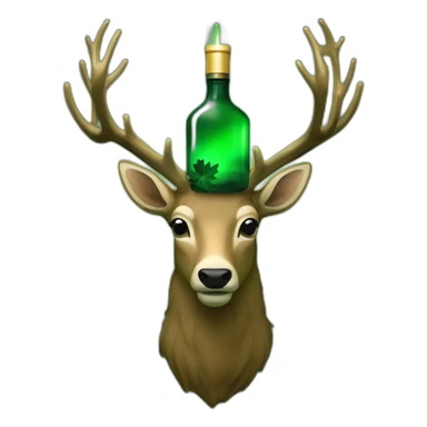 An emoji of a dark green bottle with a darker green label showcasing a glowing white cross above a regal stag's head with antlers, encircled by a wreath of oak leaves. sticker