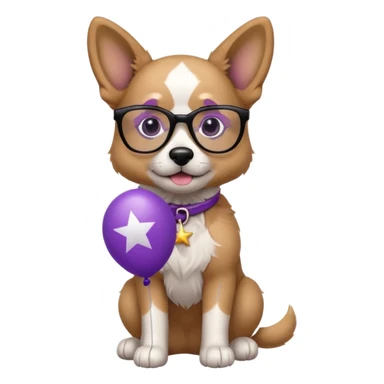dog holding purple star balloon in hand with black glasses close view  sticker