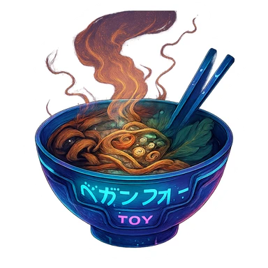 cyberpunk futuristic, scifi, a bowl of delicious VEGAN pho, ramen, piping hot sticker