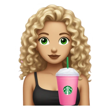 a slightly tan but white girl with curly wavy hair and green eyes wearing a black tube top holding a starbucks pink lemonade facing forward aesthetic  sticker
