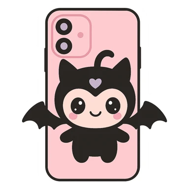 Remove any purse or purse-matching elements. Focus only on a pink and black gothic phone case in kawaii style with big eyes, bat wings, smiling, cartoonish, playful. No purse references. No background. sticker