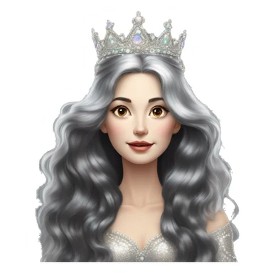 Regal pretty slender middle age woman photograph defined cheekbones high cheekbones crown vintage with very long iridescent black and silver hair wavy long hair pearl crown iridescent sticker