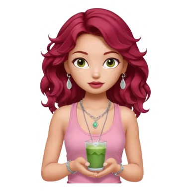 a pretty fair bratz girl with wavy dark red hair, wearing a pink tank top . silver dainty layered necklaces, carrying a matcha sticker