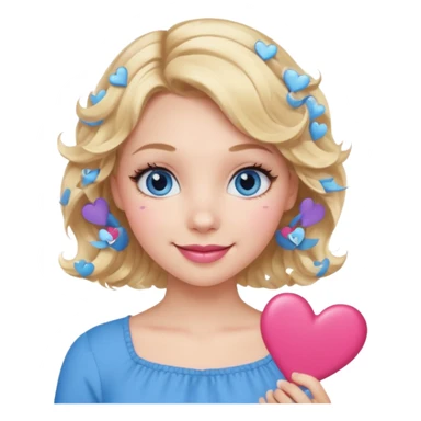 Girl Blonde short wavy hair,  blue eyes, cute blue top, long lashes, pink lips, smiling, holding hearts sticker