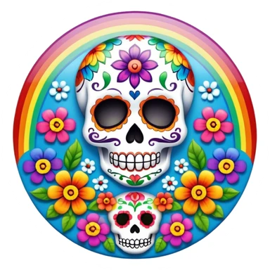 Beveled square shaped psychedelic colored button with day of the dead sugar skull and rainbow colored flowers in the center sticker