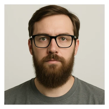 simple portrait of a white male in his mid 30s with green eyes, black square glasses, long brown beard, medium brown hair, neutral expression sticker