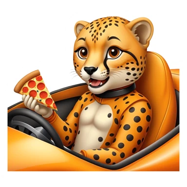 A cheetah in a race car eating a slice of pizza sticker